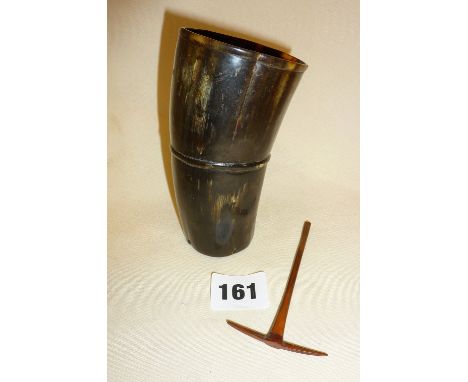 Antique horn beaker with grip ring, 5" high, and a miniature treen alpine axe
