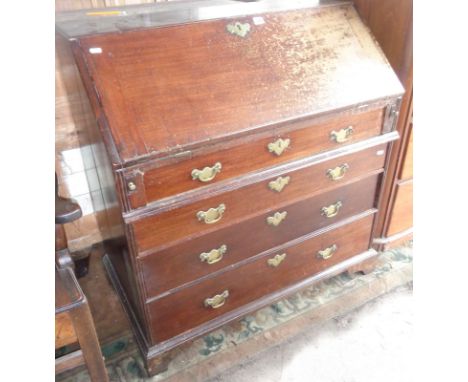 Georgian mahogany bureau with fitted interior, 3ft wide on bracket feet