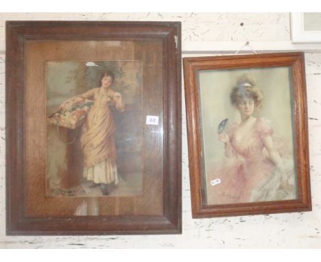 Oak framed colour print of an Edwardian woman in ball gown and another similar