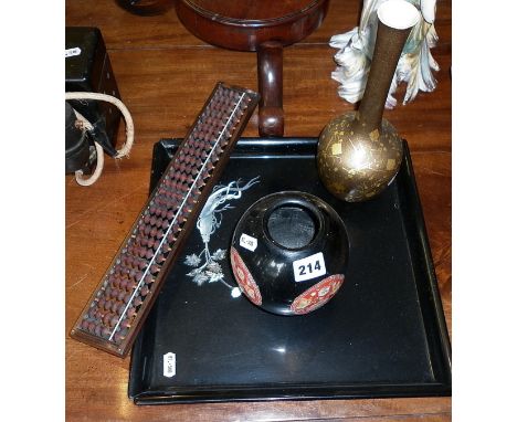 Japanese inlaid lacquer tray, two similar vases and an abacus