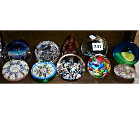 10 vintage glass paperweights, some limited edition, makers include Perthshire, Caithness, Selkirk, Murano Millefiore?, White