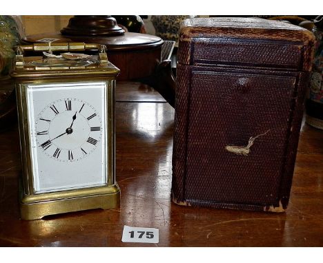 Victorian brass carriage clock Paris maker, 'H.J.' movement with leather case