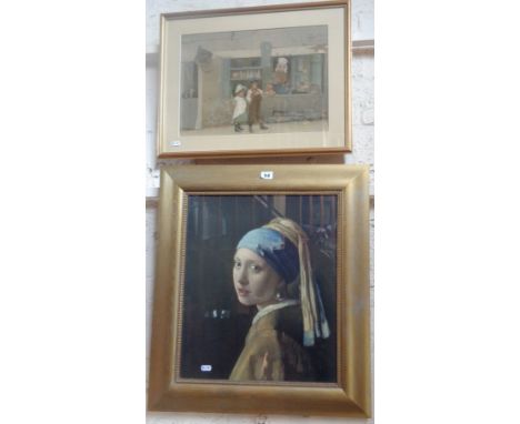 Framed Medici print of Vermers 'Head of a Girl' and another colour print