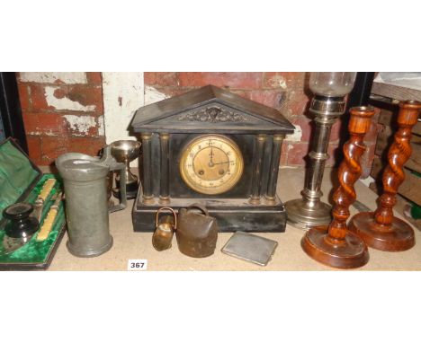 Victorian mantle clock, old French pewter lidded tankard and other metalware