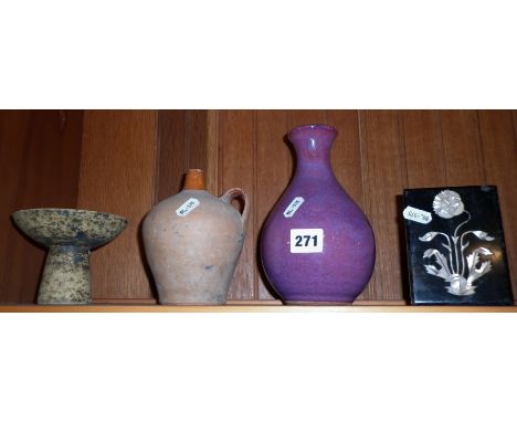 Middle Eastern flambe glazed pot, small Verwood type pottery flagon, studio pottery vase and an inlaid hardstone box