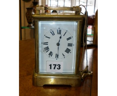 Victorian brass carriage clock, the French movement striking on a gong, 7" x 3.5" x 3.5"