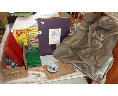 Bayko building set, an Atlas, a map and a "Snowdon" canvas rucksack