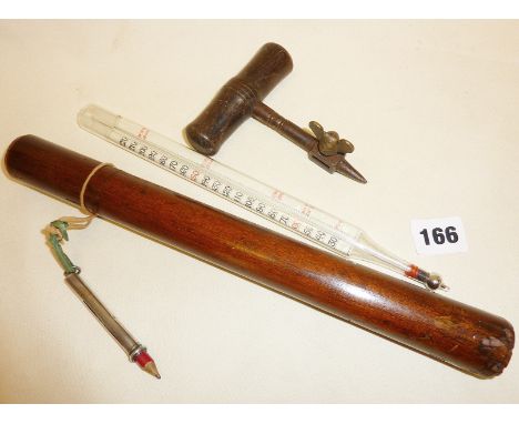 Old dairy thermometer in treen case, hallmarked silver pencil holder and an antique scribe tool marked as MW ALLEN