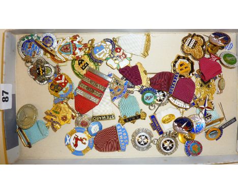 Assorted enamel badges, Masonic Jewels and Medals, three silver inc. J. Tostrup of Norway