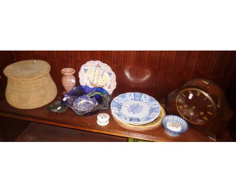 Majolica bread plate (A/F) and other plates etc. Together with a Smiths Westminster mantle clock in wood case and an African 