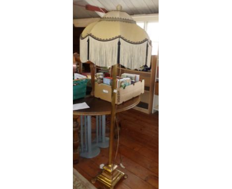 Brass column standard lamp with fringed shade