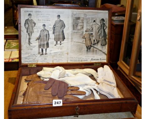 Mahogany box with drawer having print of Edwardian fashions inside and assorted gent's gloves