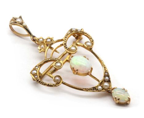 An Edwardian gold opal and split pearl brooch/pendant, tested as approximately 9ct gold, 51mm long, 3.05gCondition ReportSome