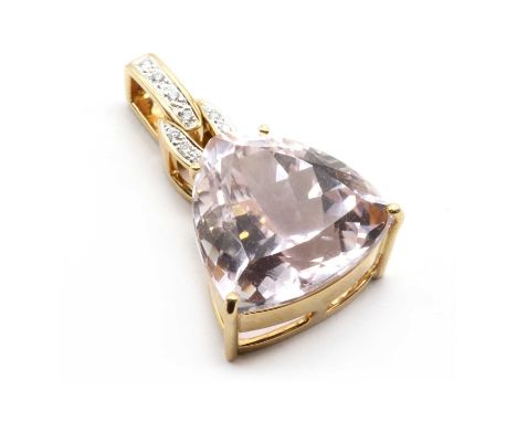An 18ct gold kunzite and diamond pendant,a triangular mixed cut kunzite, approximately 18mm, claw set to a bale grain set wit