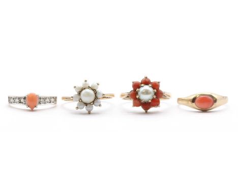 Four 9ct gold rings, comprising a single stone coral cabochon ring, London 1985, a paste set ring, Sheffield 1986, a cultured