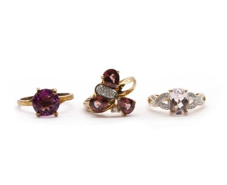 Three 9ct gold rings, comprising a kunzite and diamond ring, the kunzite approximately 9 x 7mm, Birmingham, a zircon and diam