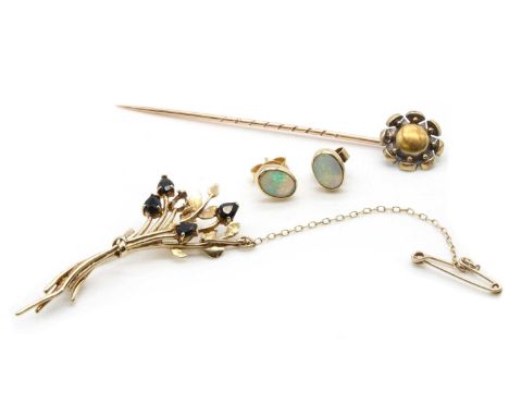 A collection of gold jewellery, comprising a pair of 9ct gold single stone opal stud earrings, Edinburgh, a 9ct gold sapphire