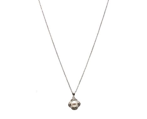 A white gold cultured freshwater pearl and diamond pendant,a cultured freshwater pearl, approximately 7mm, cup set, to quatre