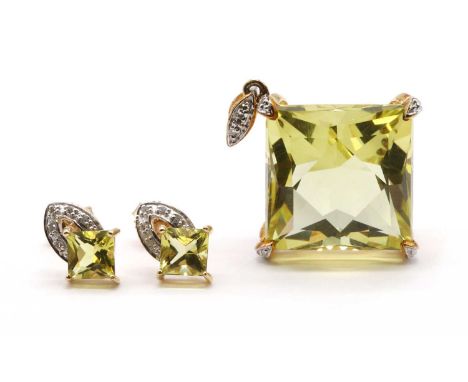 A 9ct gold citrine and diamond pendant,a square mixed cut citrine, approximately 15.50mm, to eight cut diamond set claws and 