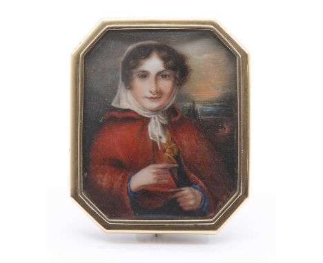 A Victorian painted miniature brooch,of rectangular cut corner form, depicting a young lady in a red cloak. A glazed cover to
