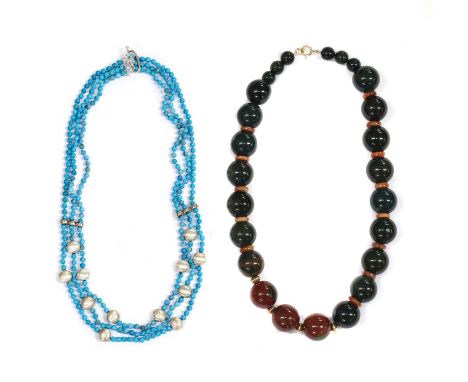 A bloodstone bead necklace,with agate beads and gold spacer beads to the front, to bloodstone beads with jade spacer beads, a