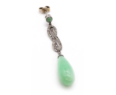 A single jade and diamond drop earring,a jade pippin drop with white gold cap, surmounted by a knot motif grain set with rose