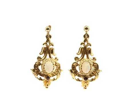 A pair of 9ct gold opal and garnet drop earrings, an oval cabochon opal with a round mixed cut garnet below, to tapered scrol