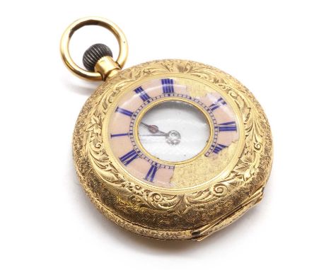 A Continental gold enamel half hunter pin set fob watch,35mm diameter, with a guilloché enamel chapter ring to the front cove