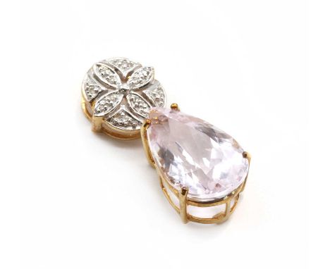 A 9ct gold kunzite and diamond pendant,a pear mixed cut kunzite, approximately 17 x 11mm, claw set, to an articulated pierced
