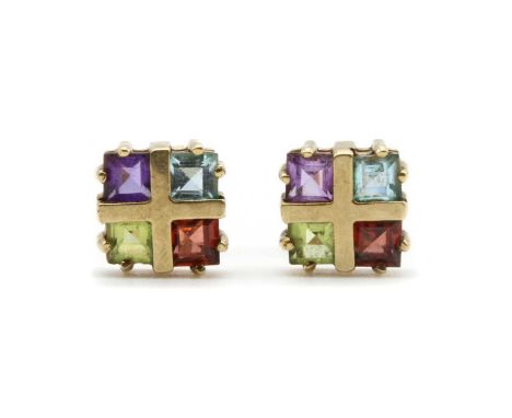A pair of 9ct gold gem set earrings, set with square step cut garnets, peridots, amethysts and blue topaz, with post and butt