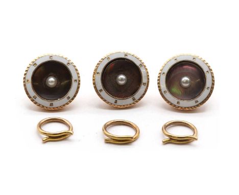 A cased set of gold split pearl, mother-of-pearl and enamel buttons, each button with a split pearl set to the centre of a gr