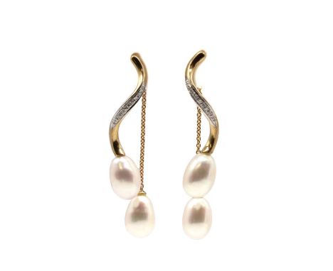 A pair of gold cultured freshwater pearl and diamond drop earrings, a twisted bar grain set with eight cut diamonds, terminat