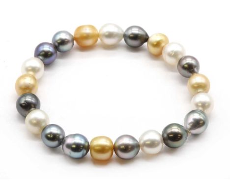 A multi-colour cultured South Sea Tahitian pearl bracelet, with cultured South Sea and Tahitian pearls in shades of white, gr