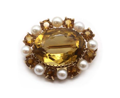 A 9ct gold citrine and cultured pearl cluster brooch, by Cropp &amp; Farr, an oval mixed cut citrine, claw set, to surround o