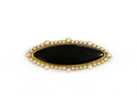 A Victorian gold onyx and split pearl brooch, a marquise shaped onyx, rub set to a plain collet, to border of split pearls to