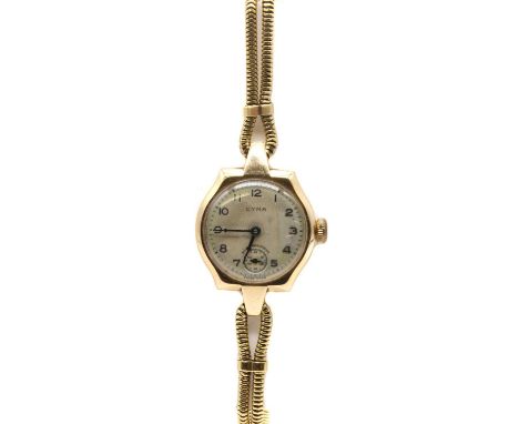 A ladies' 9ct gold Cyma mechanical bracelet watch, a 9ct gold case hallmarked Birmingham 1949, to a later replacement gold sn