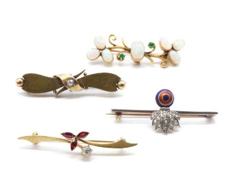 Four gold brooches, comprising a gold opal and emerald brooch, tested as approximately 15ct gold with 9ct gold pin, a gold di