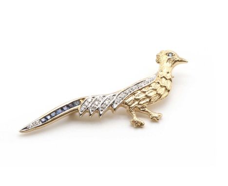 A 9ct gold sapphire and diamond set bird brooch,in the form of a pheasant, grain set with brilliant cut diamonds, and with sq