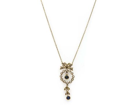 An Edwardian gold sapphire and split pearl pendant, a split pearl set bow suspending a split pearl set wreath with central ar