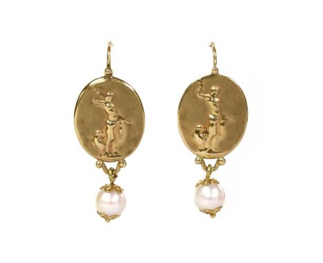 A pair of Italian gold cultured freshwater pearl earrings, by Tagliamonte, with oval embossed discs depicting classical scene