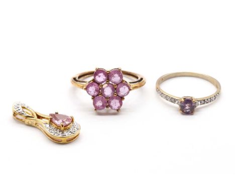 A collection of 9ct gold pink sapphire jewellery,comprising a pink sapphire daisy cluster ring, Birmingham 2010, a pink sapph