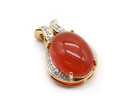 An 18ct gold fire opal and diamond pendant,an oval cabochon fire opal, approximately 18 x 13mm, claw set, with a crescent col