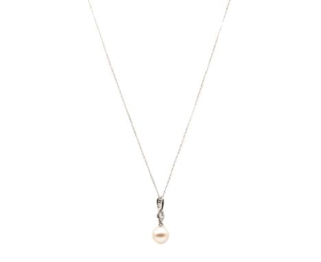 A white gold cultured freshwater pearl and diamond pendant,with a cultured freshwater pearl, 8.80mm in size, peg set, to an o