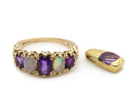 A 9ct gold amethyst and opal five stone ring, a graduated row of oval mixed cut amethysts and cabochon opals, claw set to scr