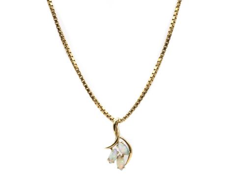 A gold opal pendant, a trefoil of marquise cabochon opals, claw set to fixed bale, marked 375, tested as approximately 9ct go