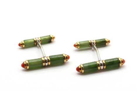 A pair of two colour gold nephrite jade and coral cufflinks, by van Laack,nephrite jade cylinders with coral cabochon termina