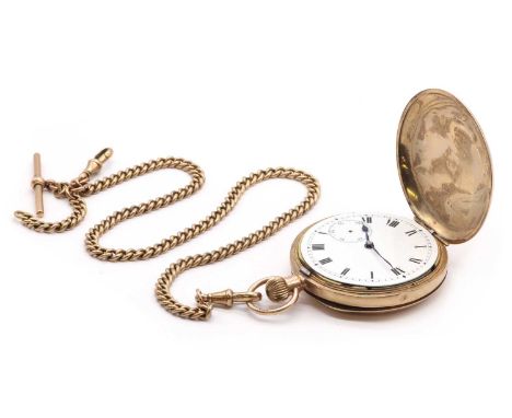 A 9ct gold hunter repeater pocket watch,53mm diameter with plain covers, to a white enamel dial with black Roman numerals and