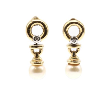 A pair of gold cultured pearl and diamond drop earrings,a cultured pearl, 7.70mm in size, cup set, surmounted by an openwork 