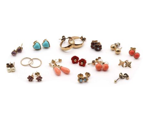  Fourteen pairs of gold earrings,and one single earring, to include a pair of hoop earrings with post and butterfly fittings,