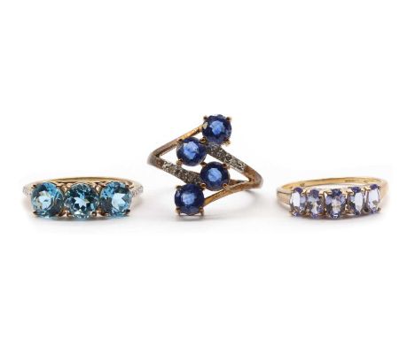 Three 9ct gold rings,comprising a five stone tanzanite ring, Birmingham 2010, a kyanite and diamond ring, Birmingham 2010, an